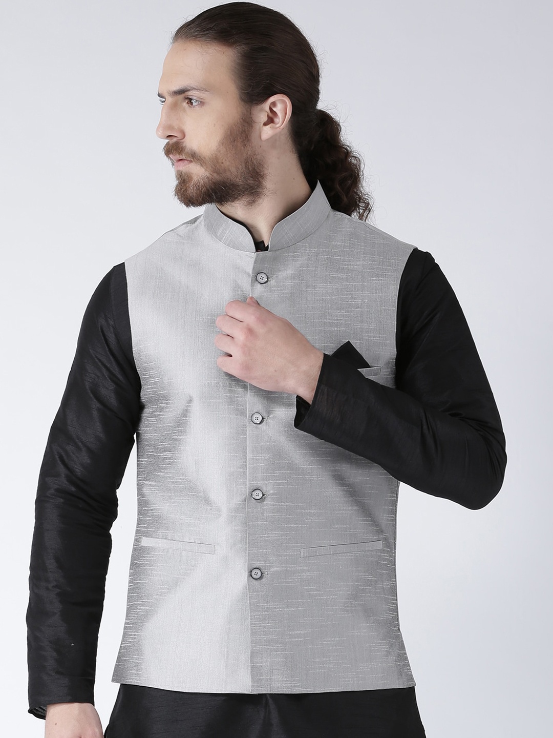 

DEYANN Men Grey Solid Dupion Silk Nehru Jacket with Pocket Square