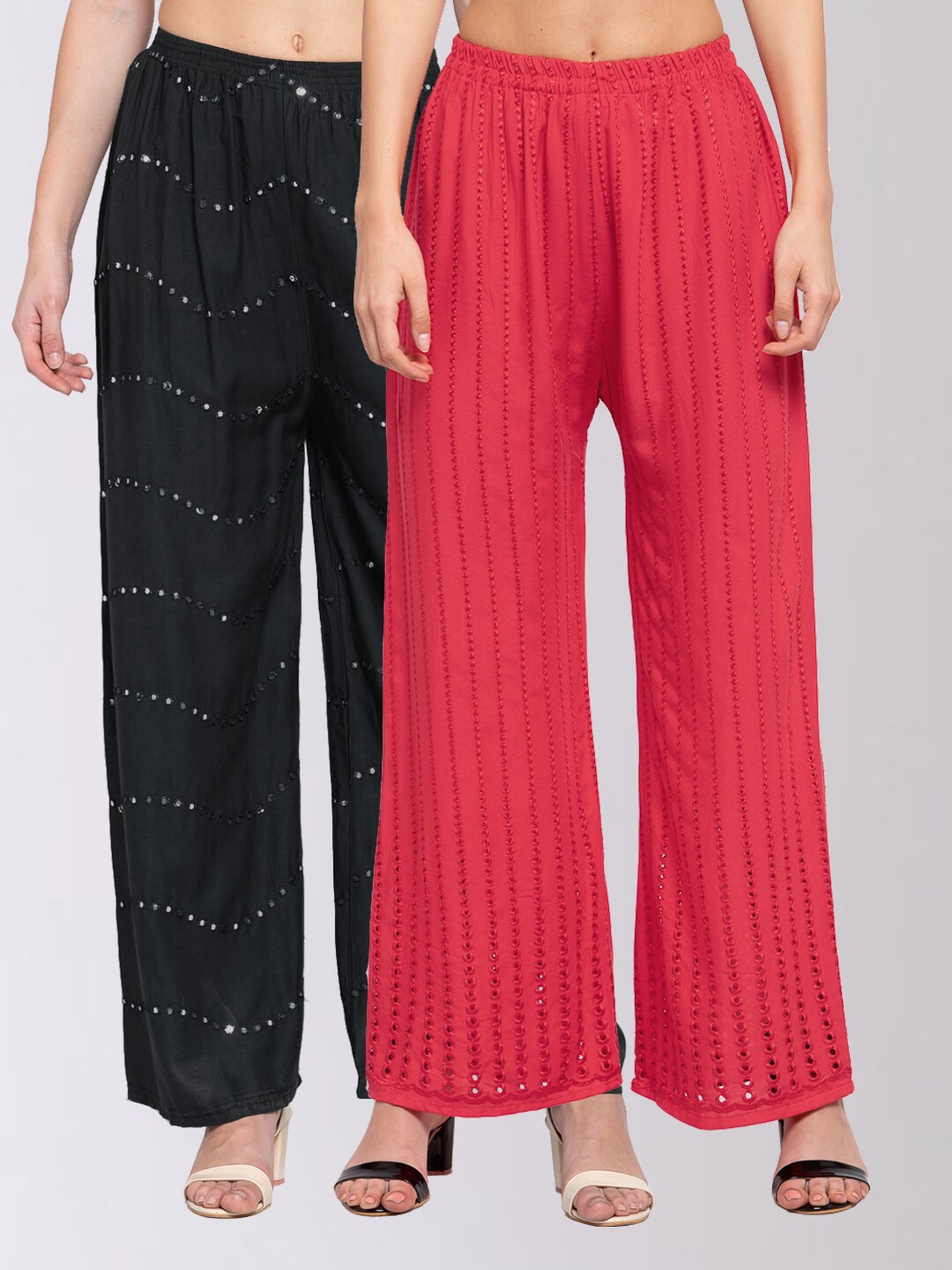 KLOTTHE Women Pack Of 2 Black & Red Embellished Wide Leg Palazzos