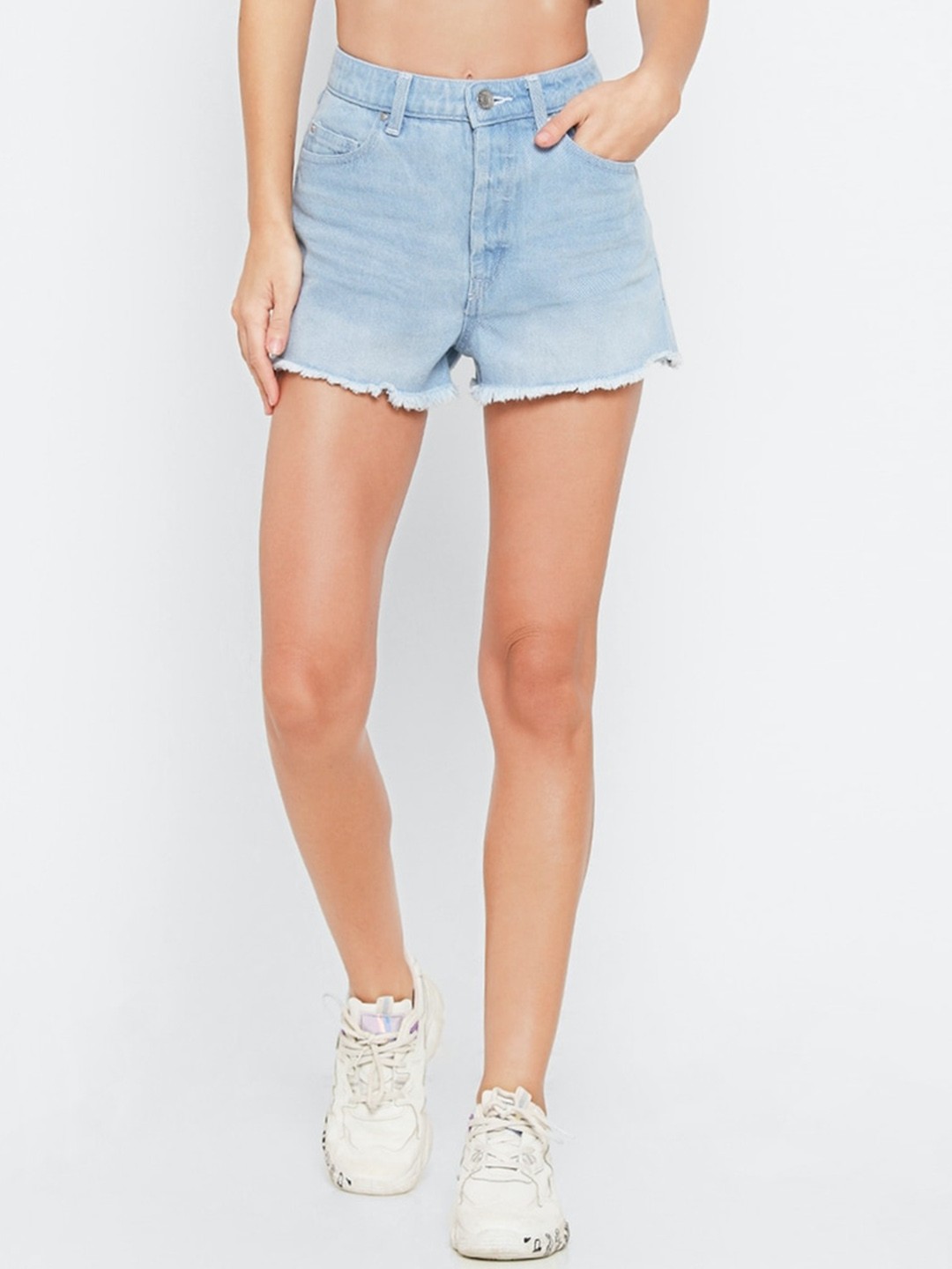 FOREVER 21 Women Blue Washed Regular Fit Denim Shorts