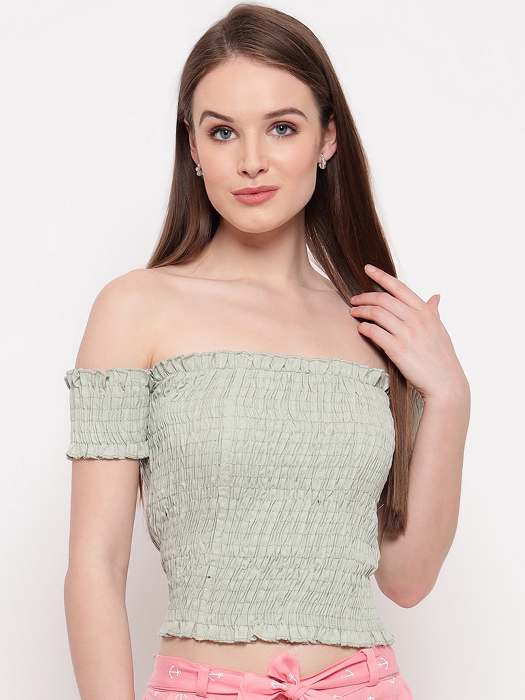

Aawari Women Green Off-Shoulder Bardot Crop Top