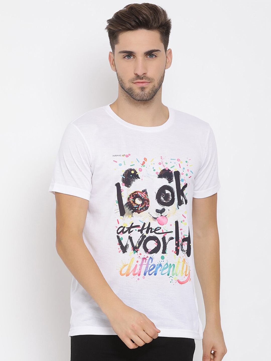

hangup trend Men White Black Printed Round Neck Pure Cotton T-shirt
