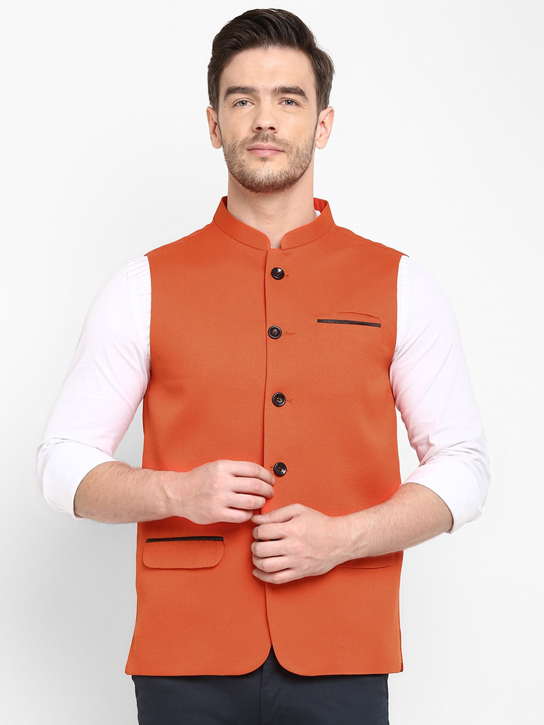 

hangup trend Men Orange & Black Solid Woven Nehru Jacket