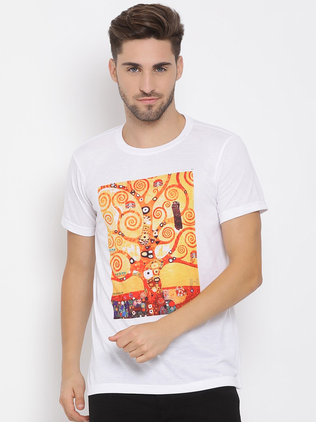 

hangup trend Men White Yellow Printed Round Neck Pure Cotton T-shirt