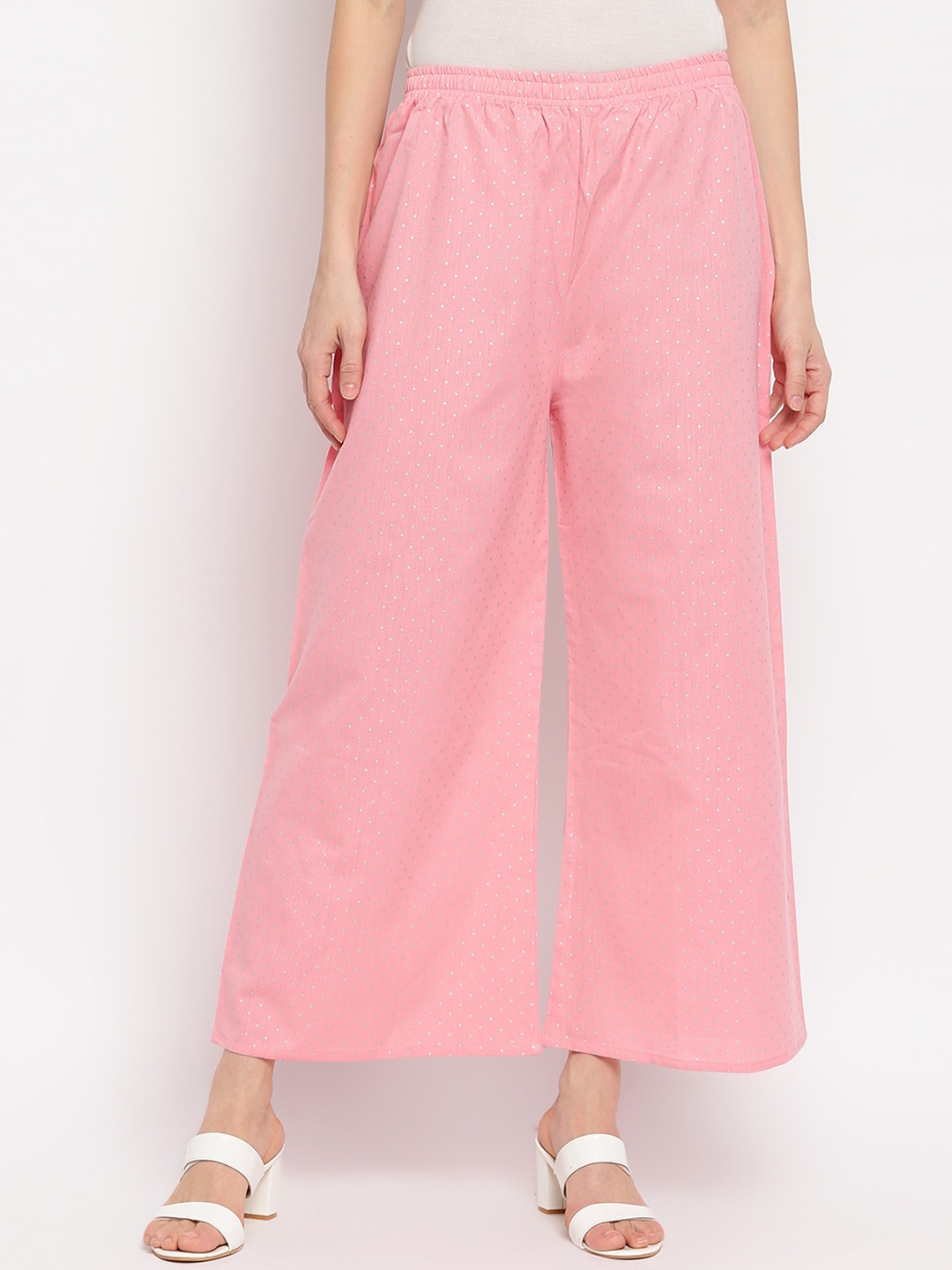 

Aawari Women Pink & Silver-Coloured Printed Flared Palazzos