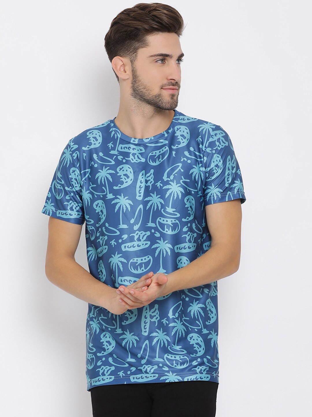 

hangup trend Men Blue Printed Round Neck Pure Cotton T-shirt
