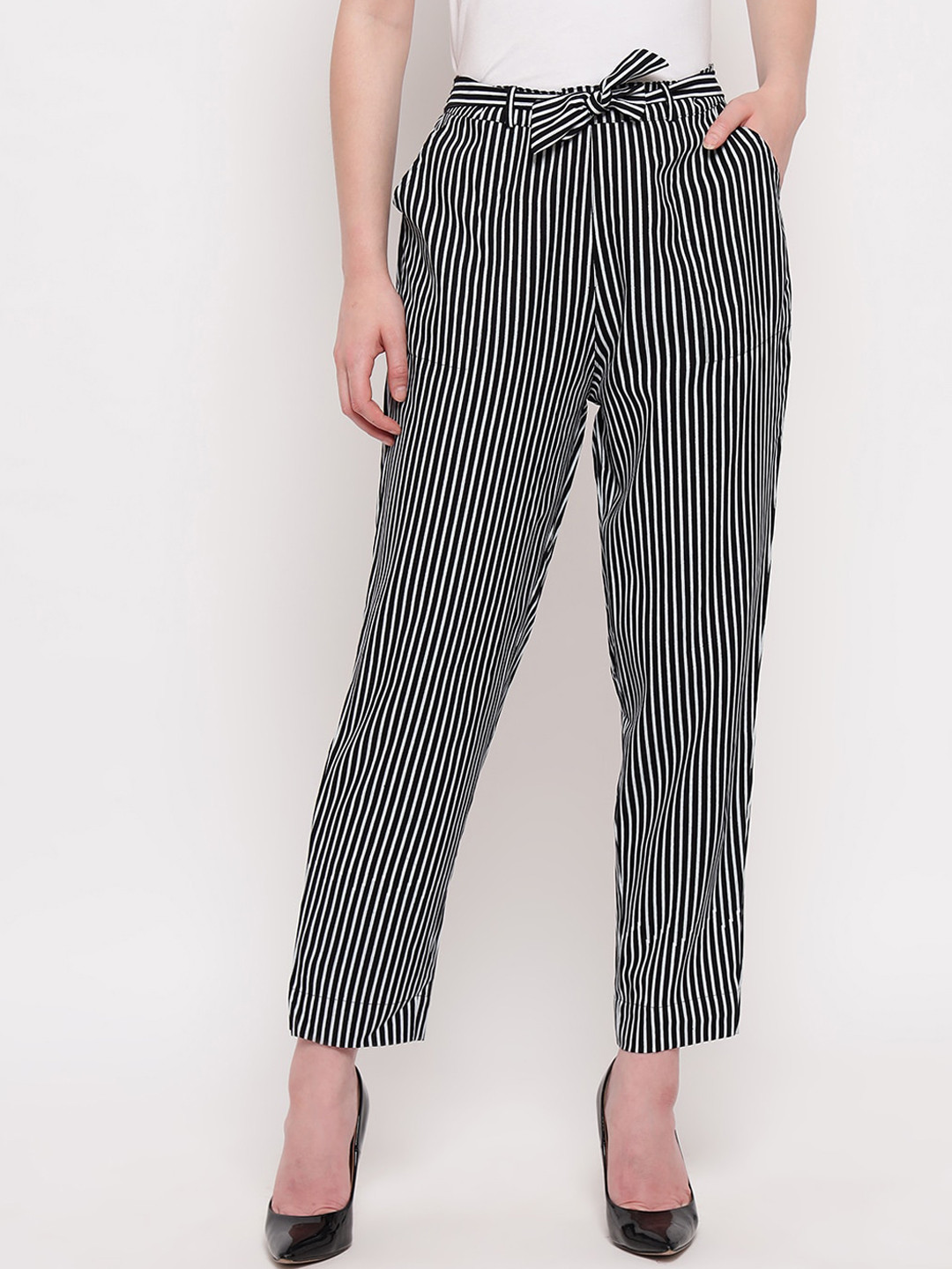 

Aawari Women Black & White Regular Fit Striped Regular Trousers