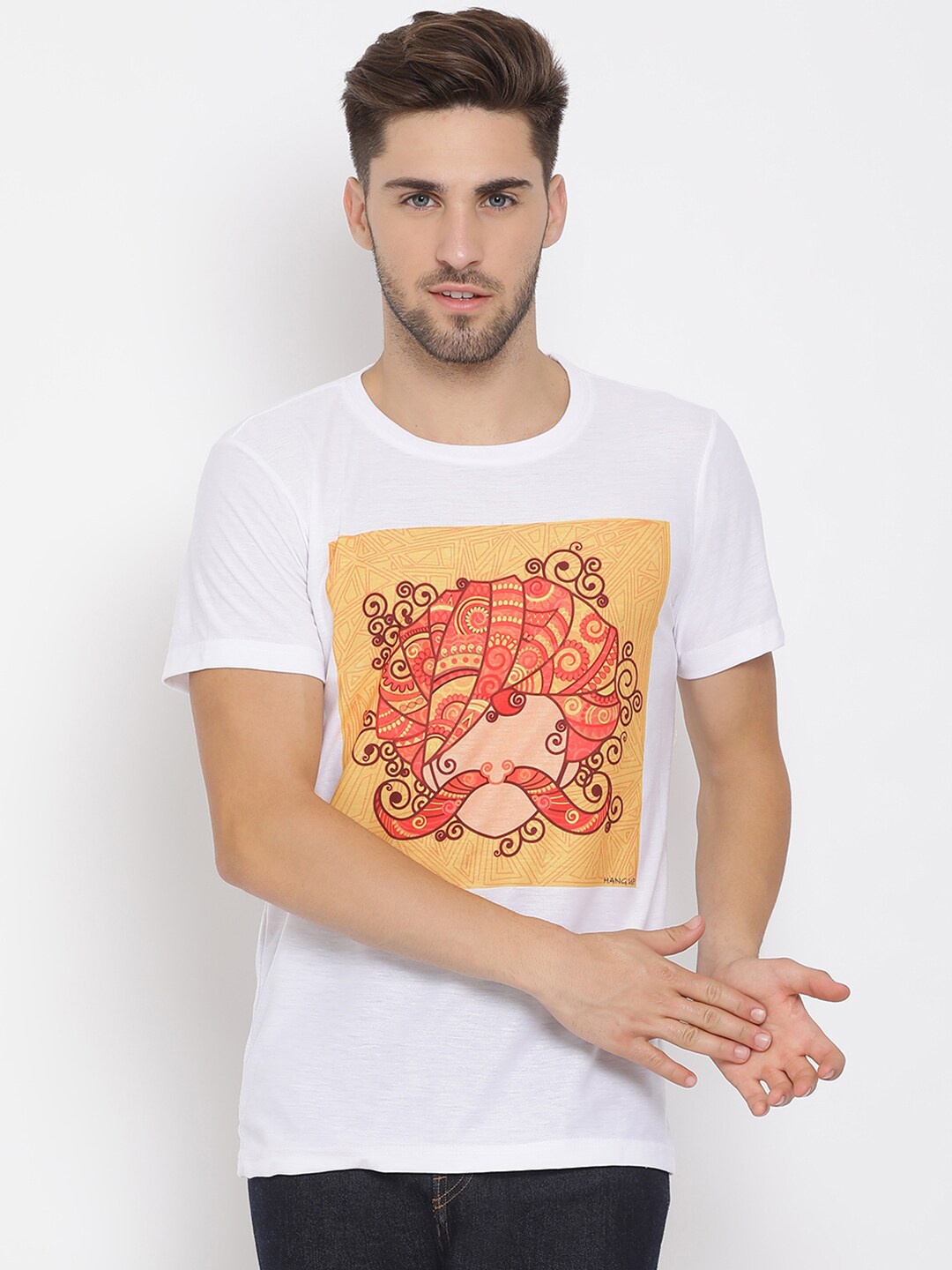 Hangup Men White & Mustard Yellow Printed Round Neck T-shirt