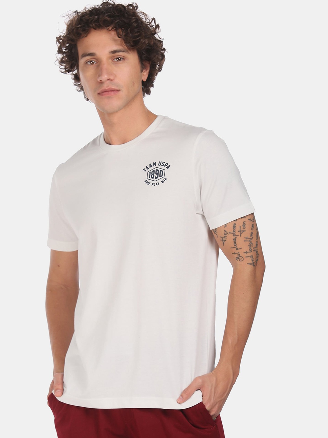 

U.S. Polo Assn. Men Off-White Pure Cotton Solid Lounge T-Shirt