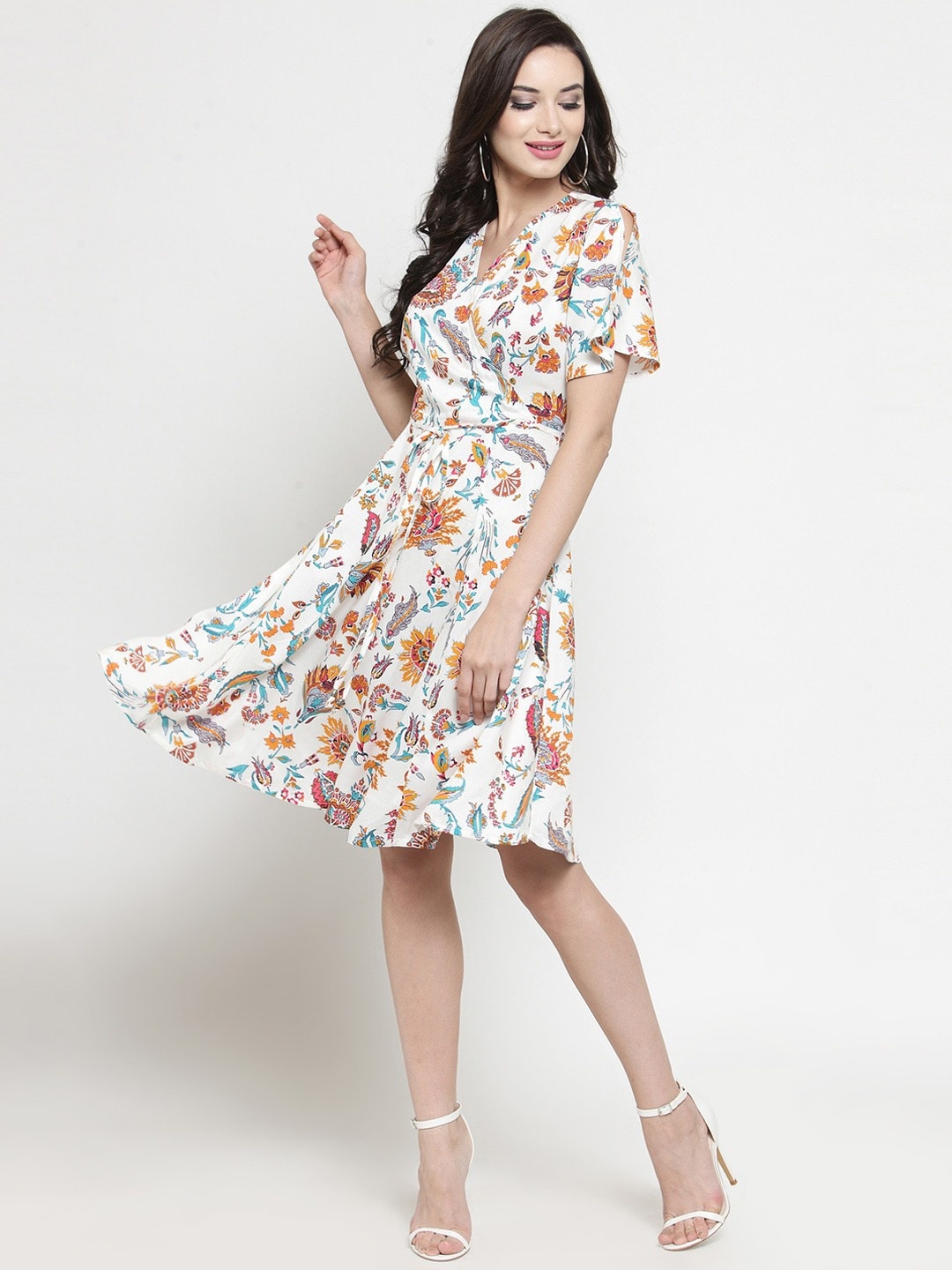 

Sera Women Off-White & Blue Printed Wrap Dress