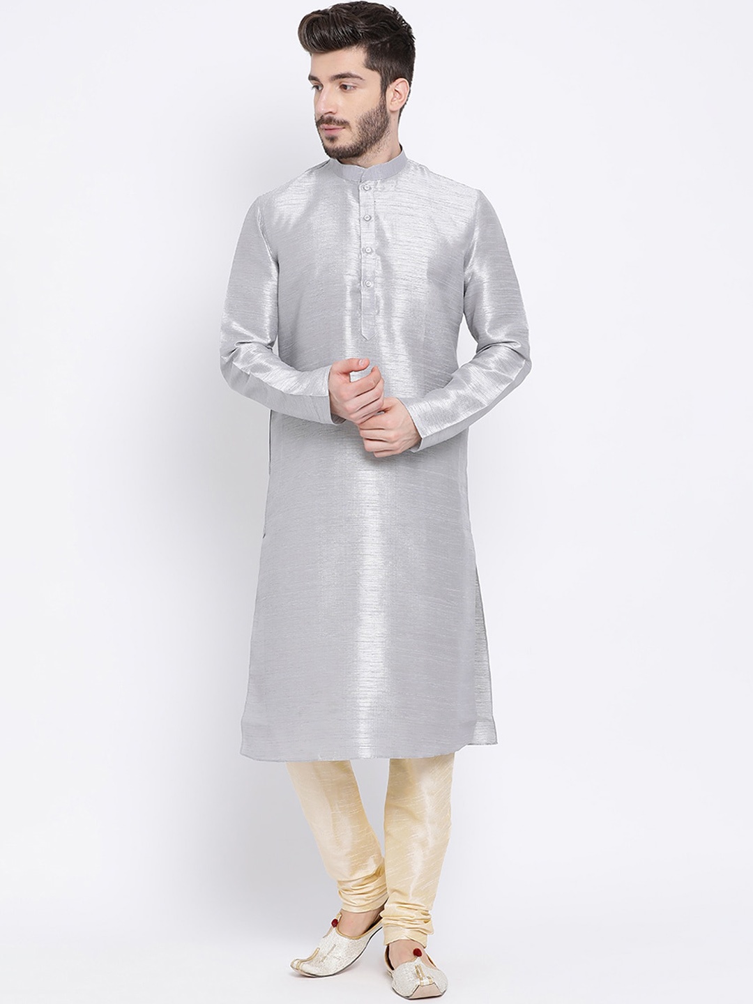 

NAMASKAR Men Silver-Toned & Cream-Coloured Silk Solid Kurta with Churidar
