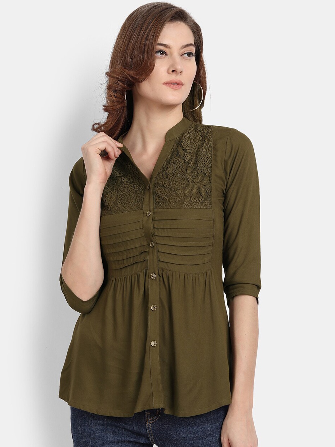 

HK colours of fashion Women Olive Green Self Design Regular Top