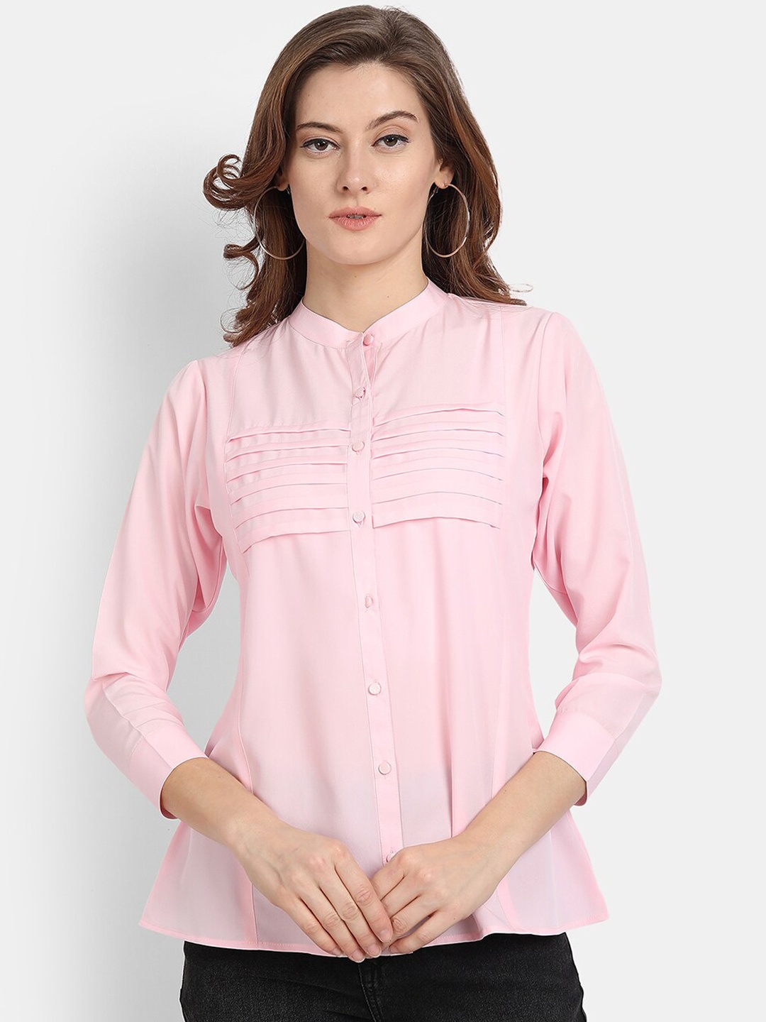 

HK colours of fashion Women Pink Solid Mandarin Collar Regular Top