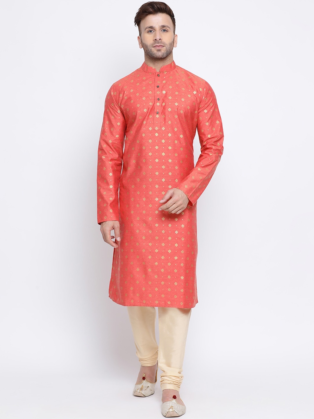 

NAMASKAR Men Orange & Gold Dupion Silk Embroidery Kurta with Churidar