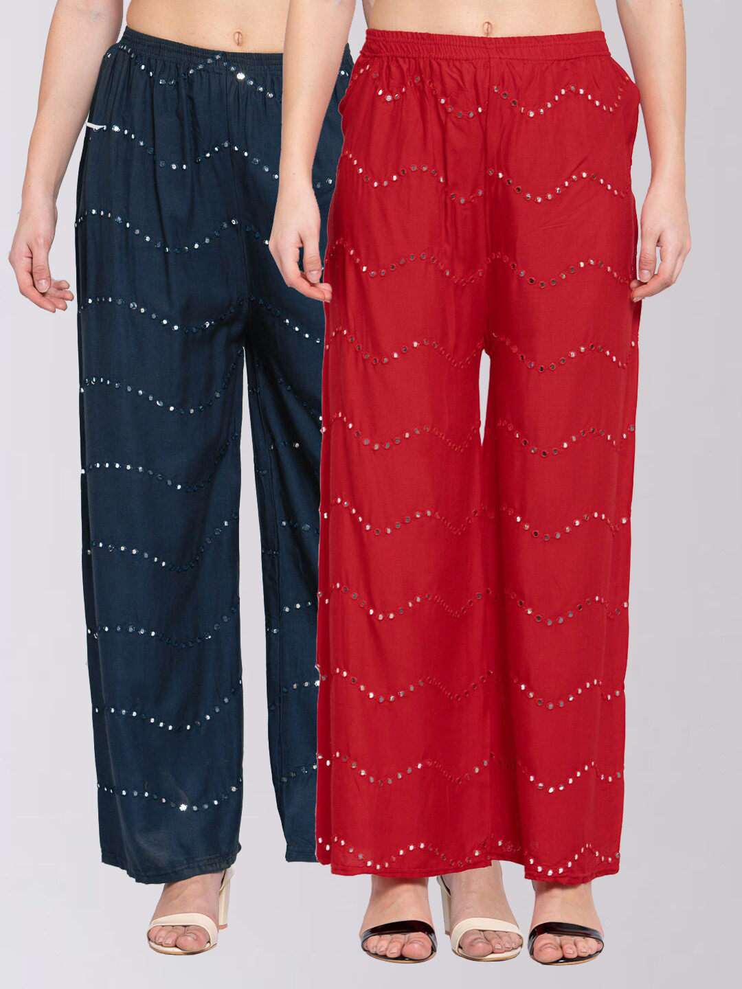 

KLOTTHE Women Set of 2 Red & Green Embellished Wide Leg Palazzos