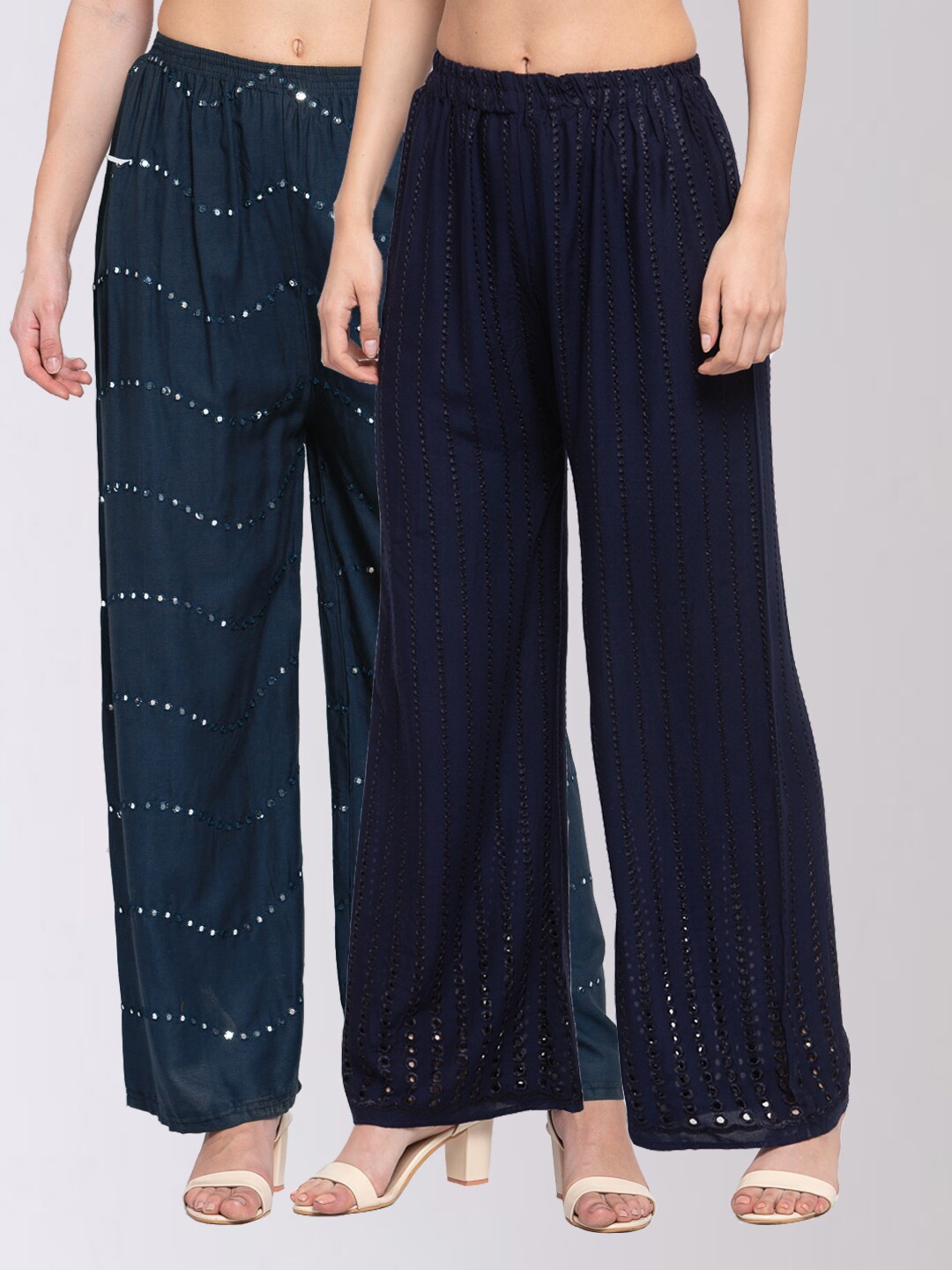 

KLOTTHE Women Pack Of 2 Navy Blue Solid Wide Leg Palazzos