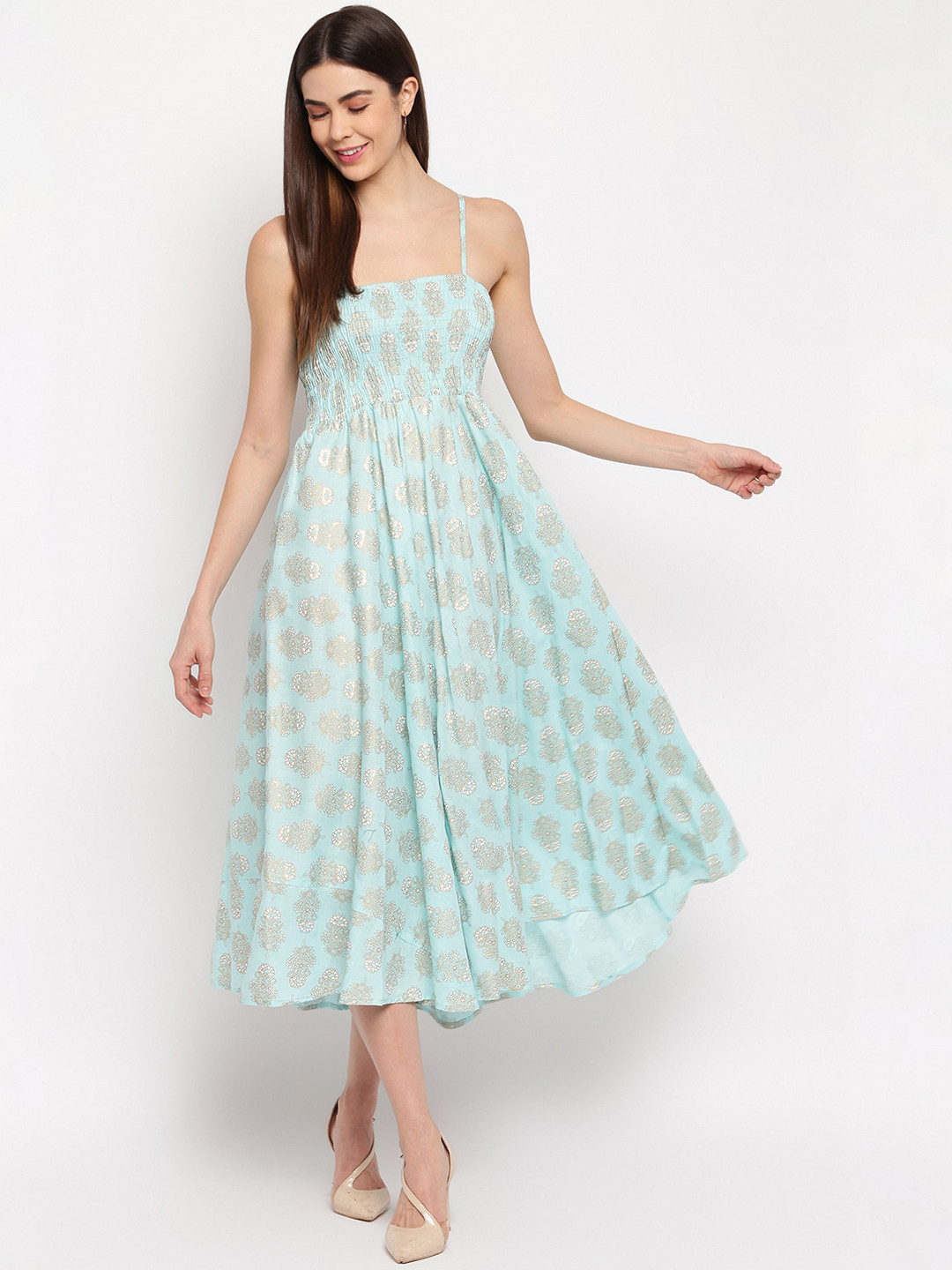 

Aawari Women Turquoise Blue & White Printed Fit and Flare Dress