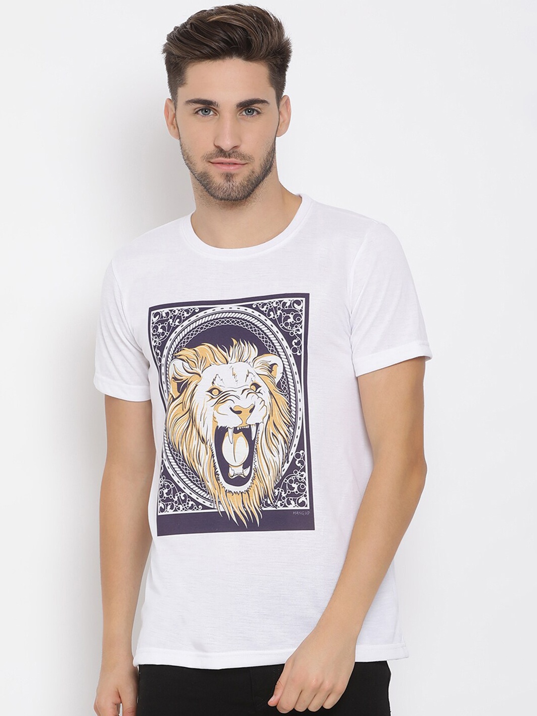 Hangup Men White & Navy Printed Round Neck T-shirt