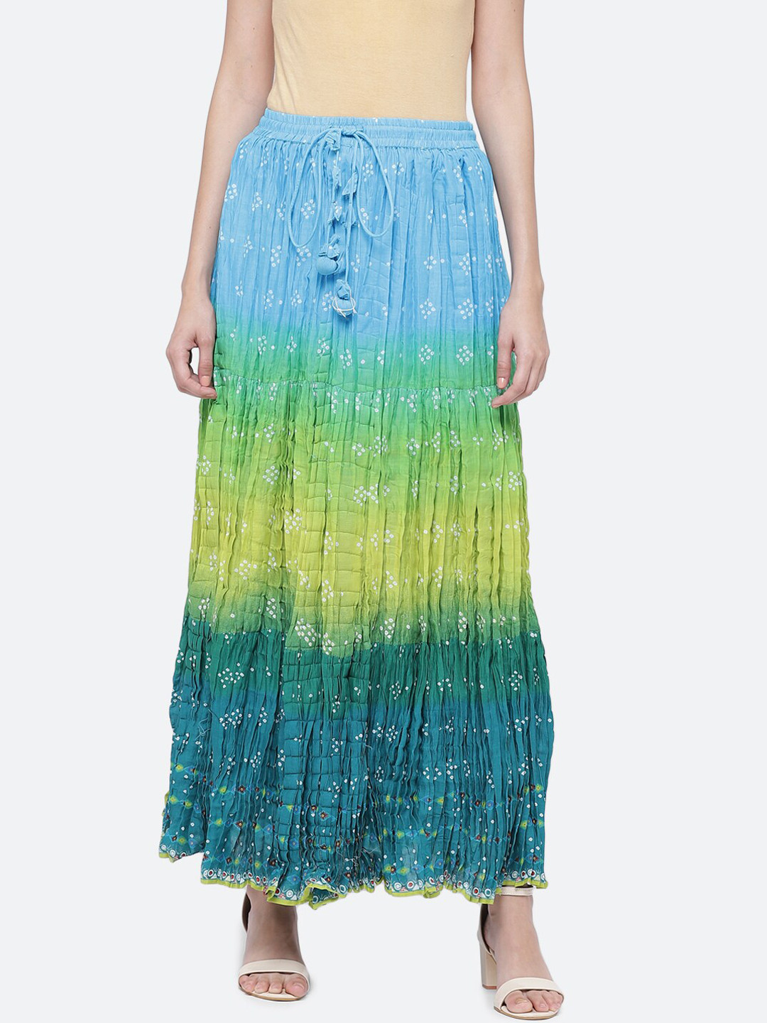 

Biba Women Green & Blue Printed Pure Cotton Maxi Flared Skirt