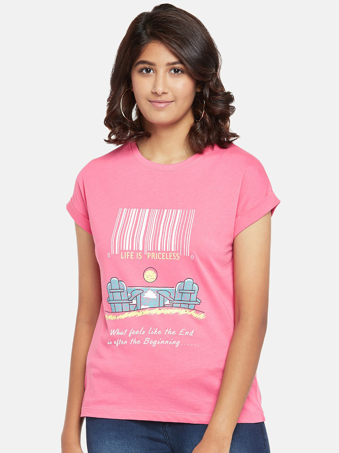 

People Women Pink Printed Round Neck T-shirt