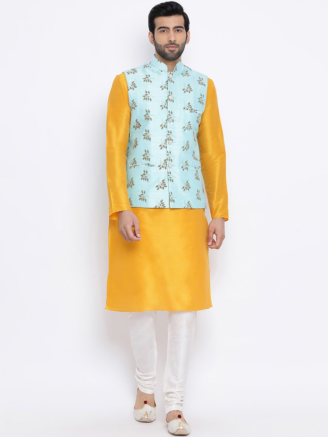 NAMASKAR Men Yellow & Off-White Solid Kurta with Pyjamas & Nehru Jacket
