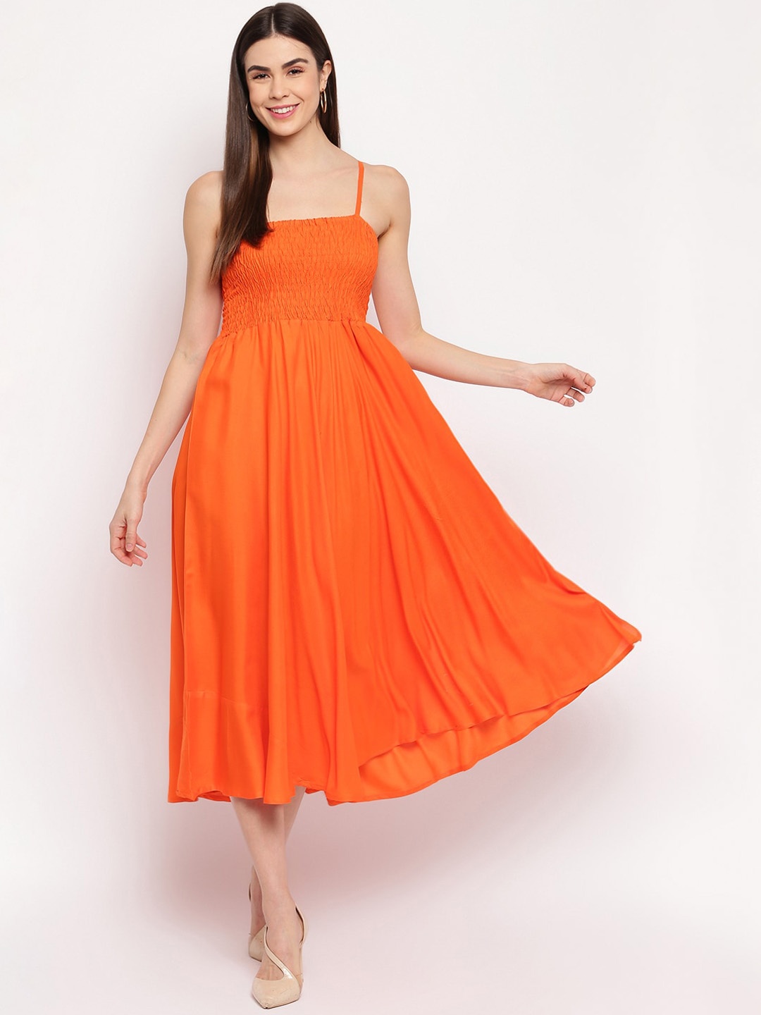 

Aawari Women Orange Solid Smocked Rayon Fit and Flare Dress