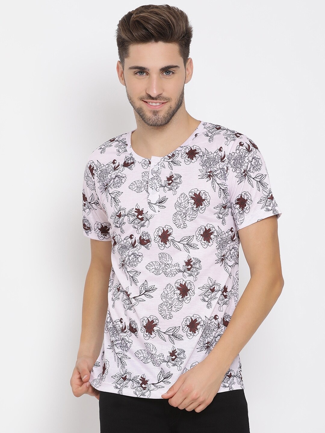 hangup trend Men White & Black Cotton Printed Henley Neck T-shirt