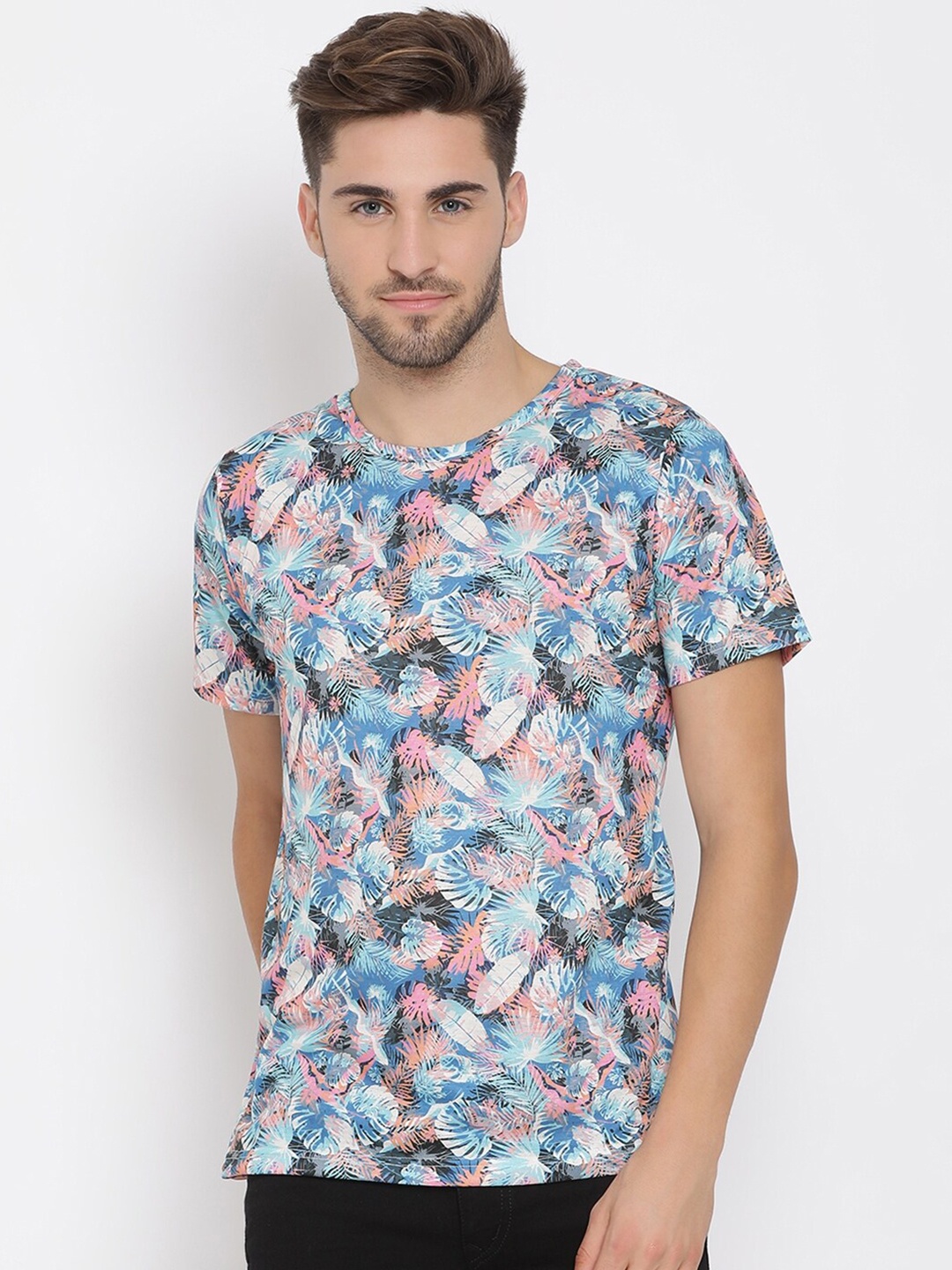 

Hangup Men Blue & Pink Tropical Print Round Neck T-shirt