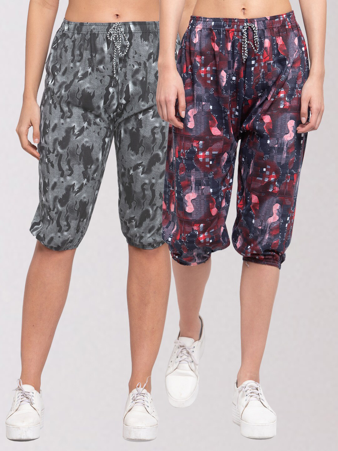

KLOTTHE Women Pack Of 2 Pink & Black Printed Regular Fit Capris