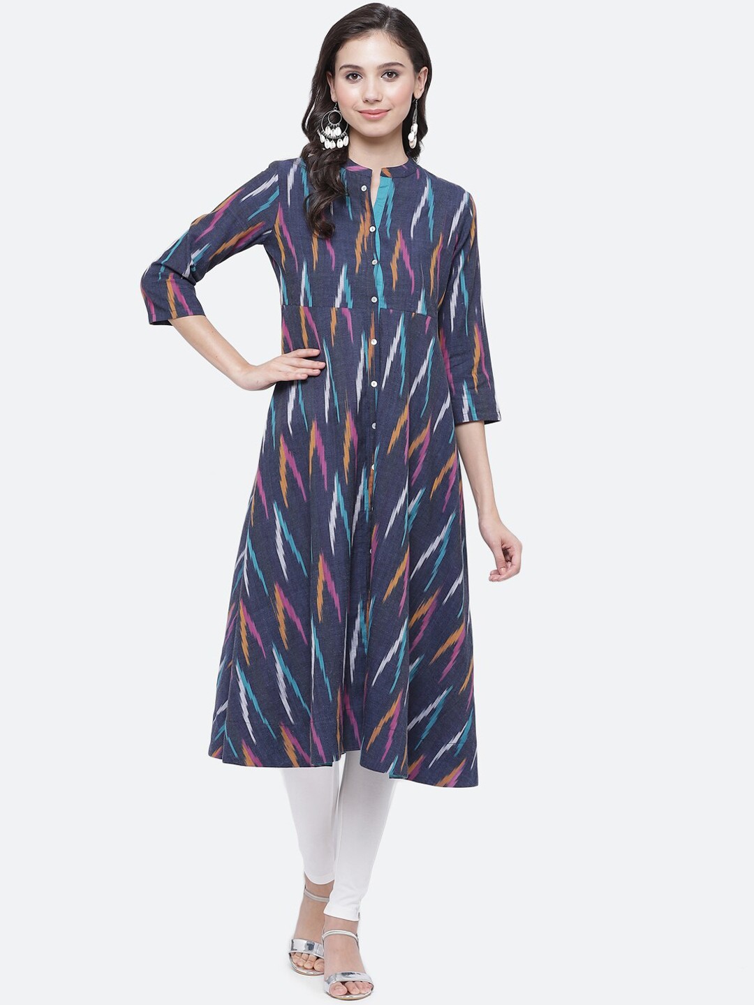 

Biba Women Blue & White Geometric Printed Kurta