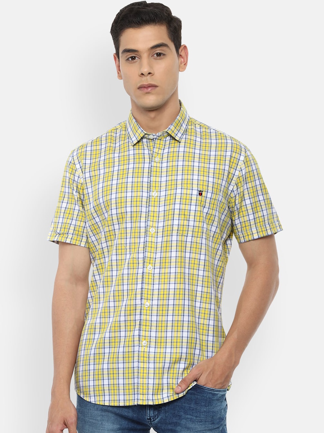 

Louis Philippe Jeans Men Yellow & White Slim Fit Checked Casual Shirt