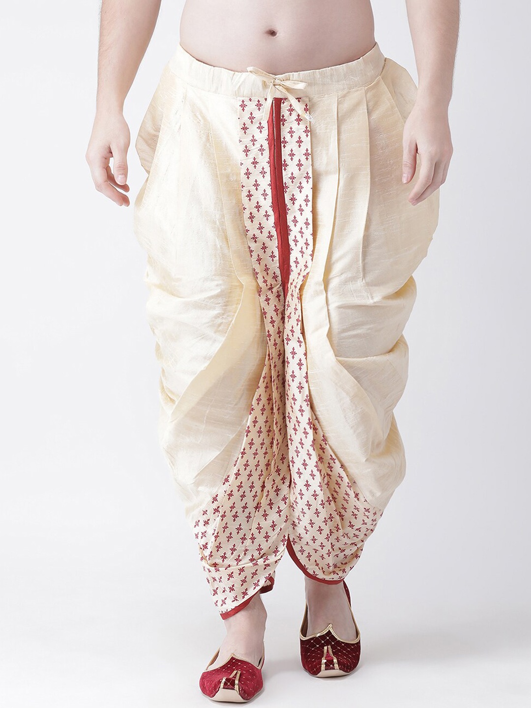 

DEYANN Men Cream-Coloured & Red Printed Dupion Silk Dhoti Pants
