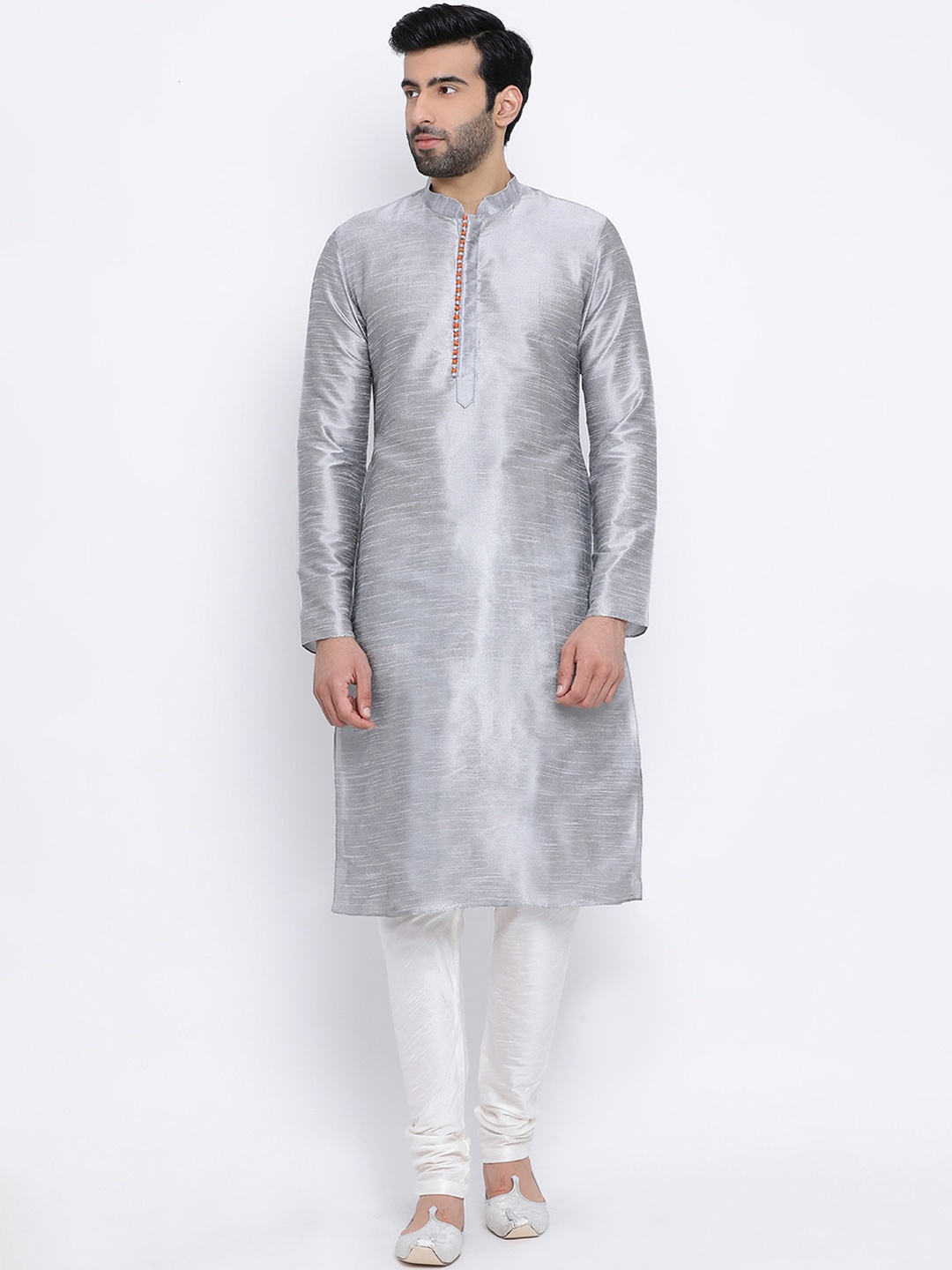 

NAMASKAR Men Silver-Toned & White Dupion Silk Solid Kurta with Churidar