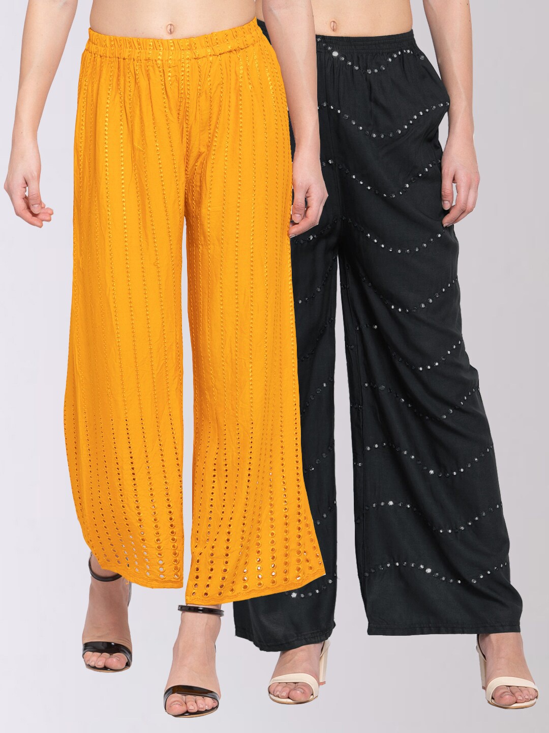 

KLOTTHE Women Pack of 2 Multicoloured Solid Wide Leg Palazzos, Yellow
