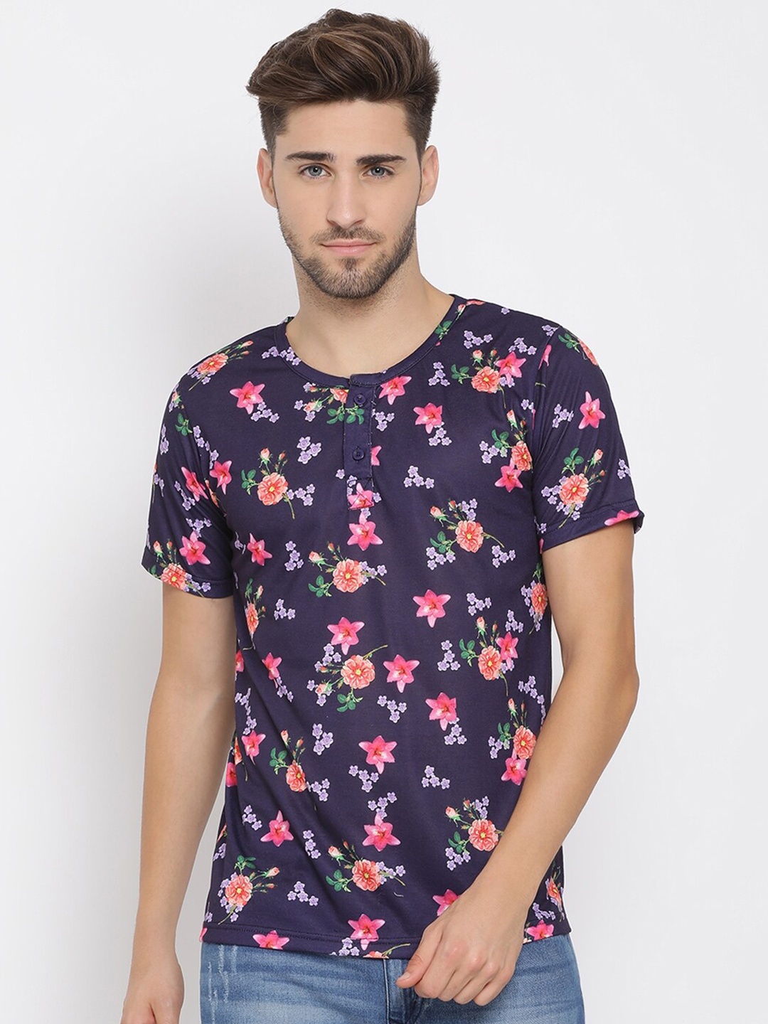 

hangup trend Men Purple Red Printed Henley Neck Pure Cotton T-shirt