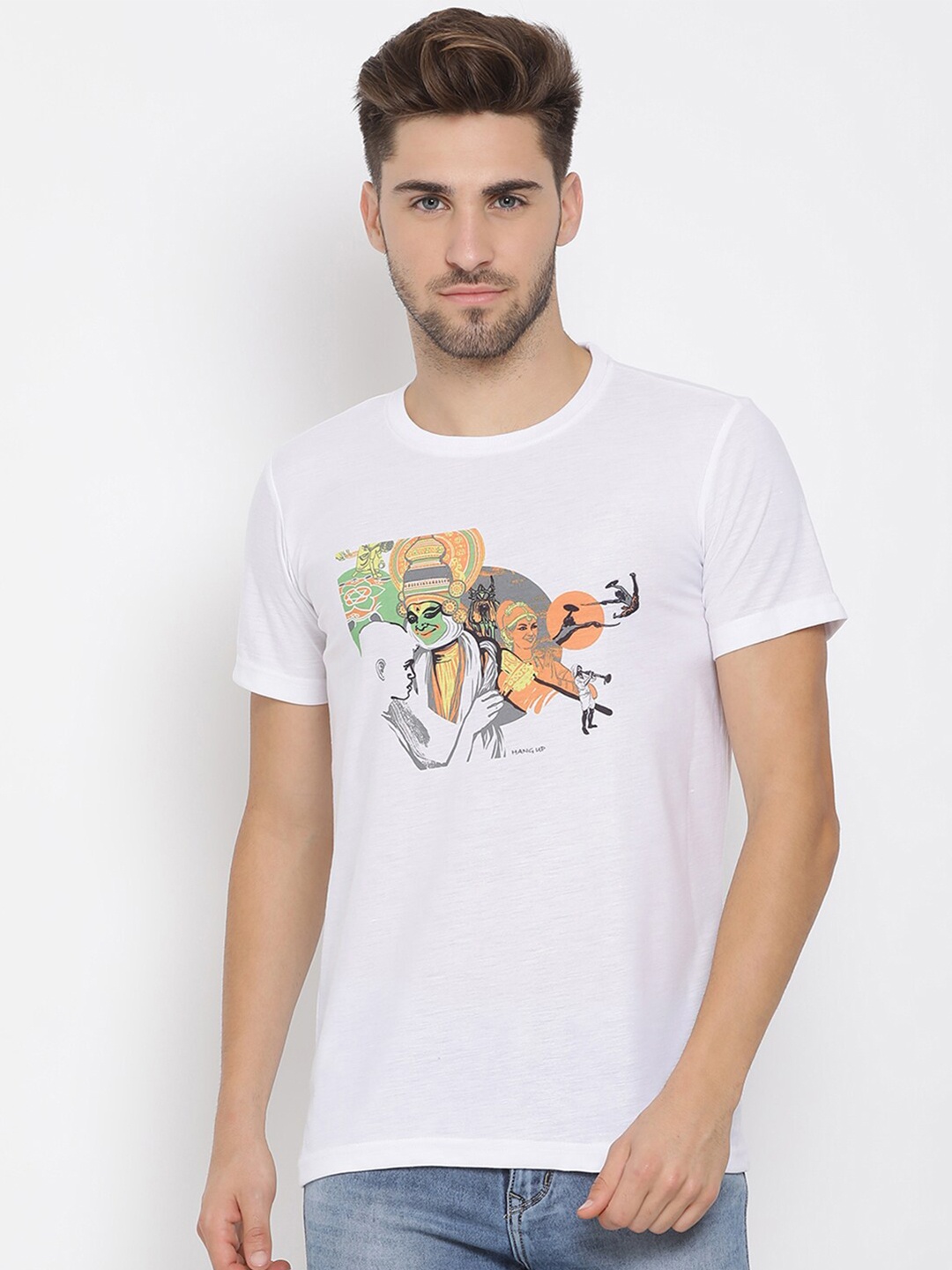 

Hangup Men White & Grey Printed Round Neck T-shirt
