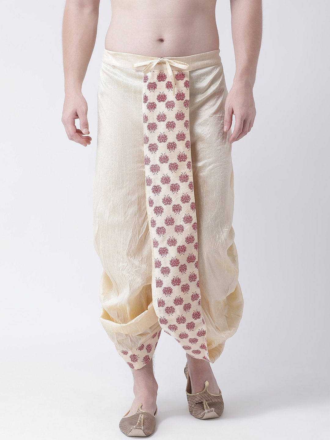 

DEYANN Men Cream-Coloured & Red Printed Dupion Silk Dhoti