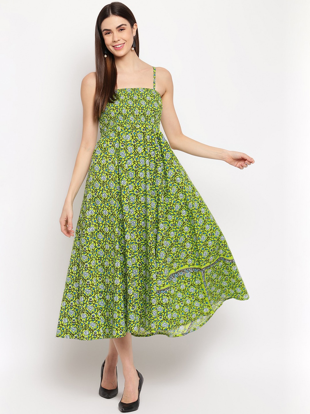 Aawari Women Green & Blue Printed Fit and Flare Dress