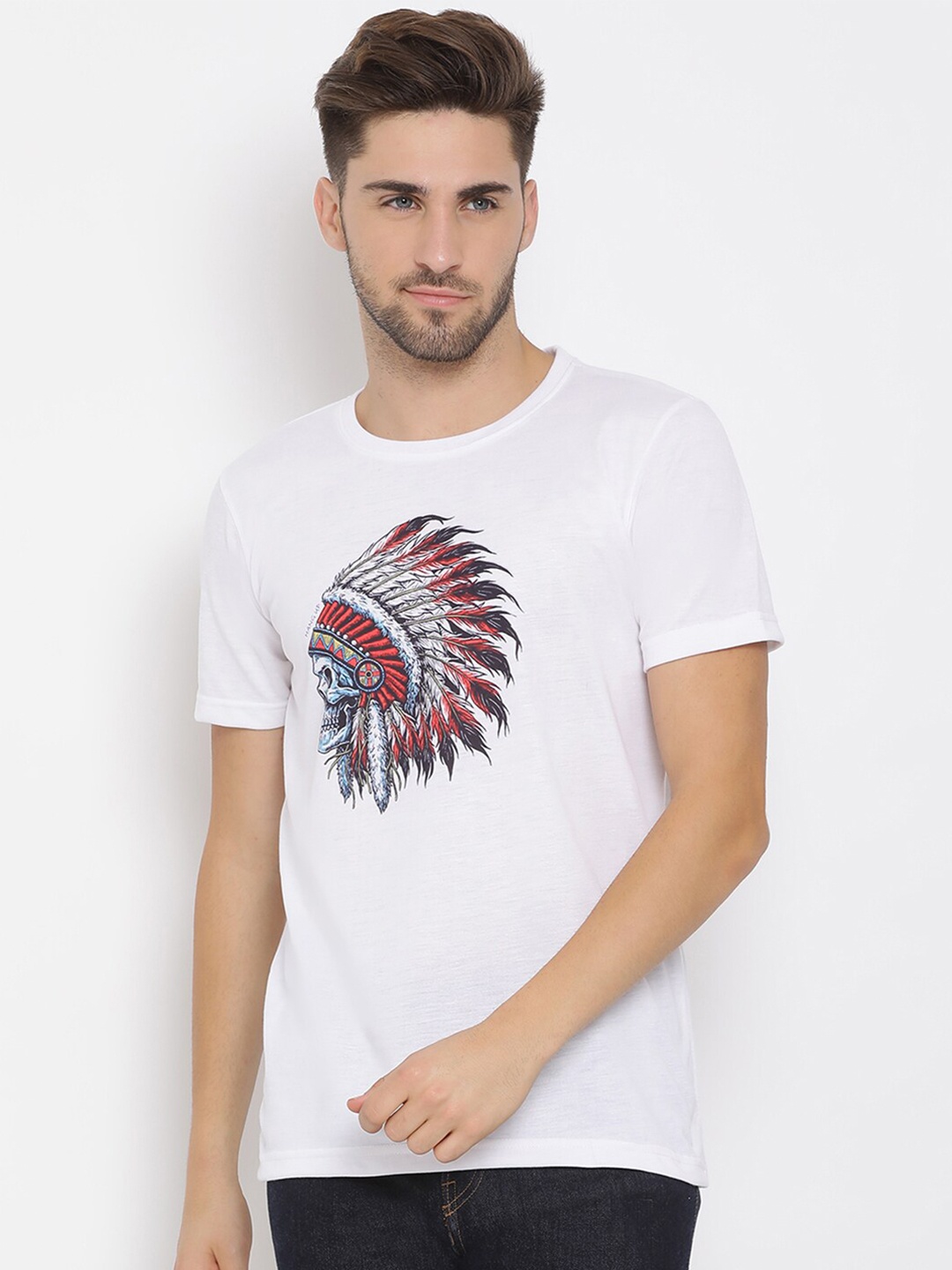 

hangup trend Men White Printed Round Neck Pure Cotton T-shirt