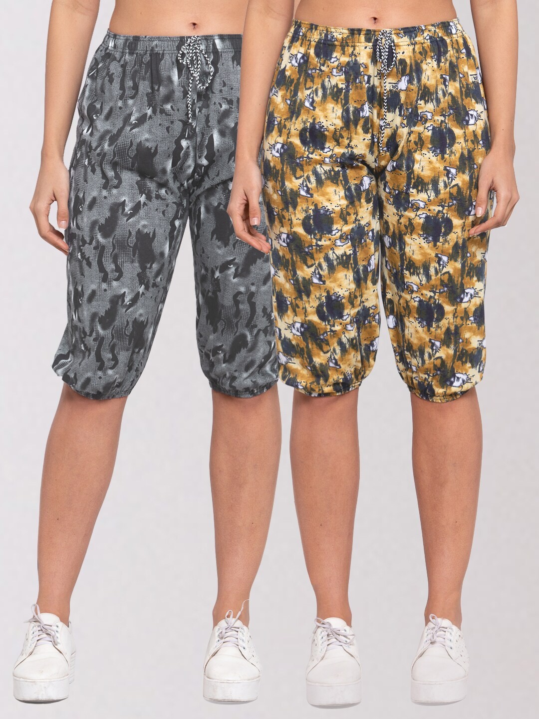 

KLOTTHE Women Pack Of 2 Grey & Beige Printed Regular Fit Capris
