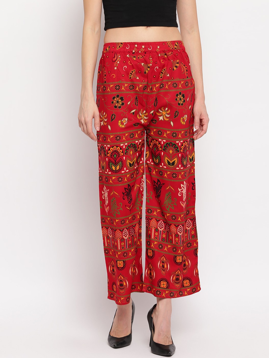 

Aawari Women Red & Mustard Yellow Printed Flared Palazzos