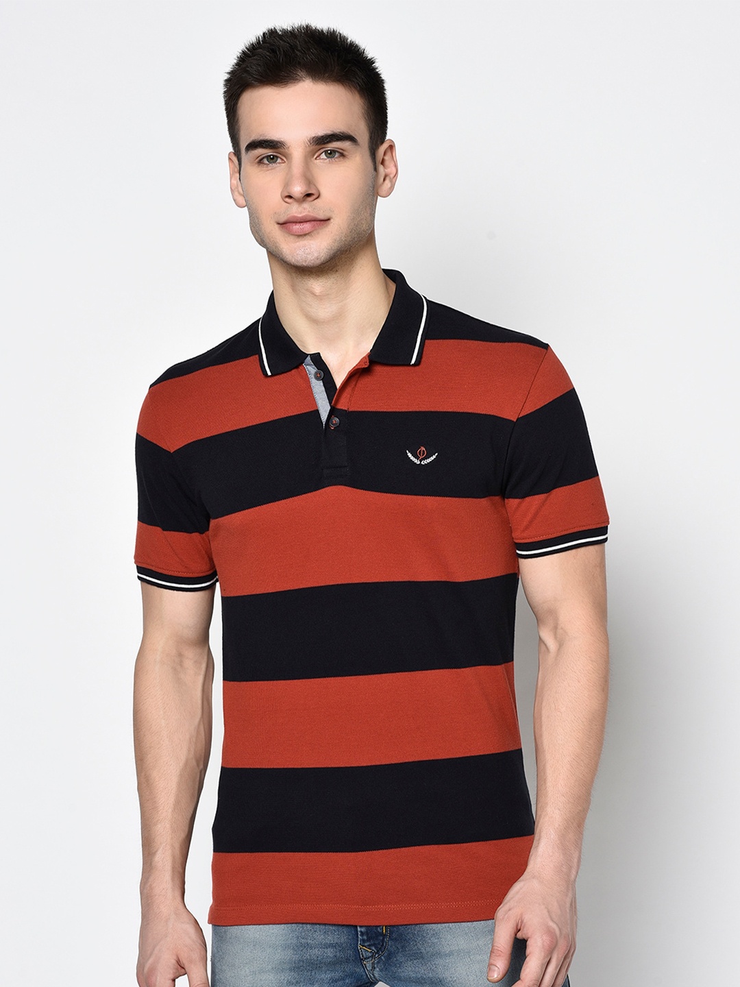

Octave Men Rust Orange & Black Striped Polo Collar T-shirt