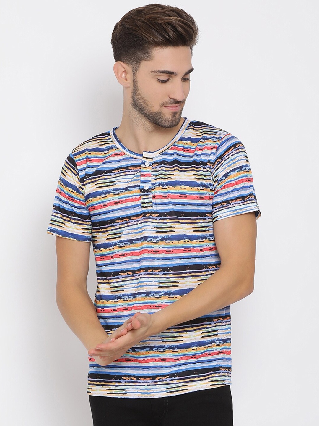 

Hangup Men Multicoloured Striped Henley Neck T-shirt, Multi