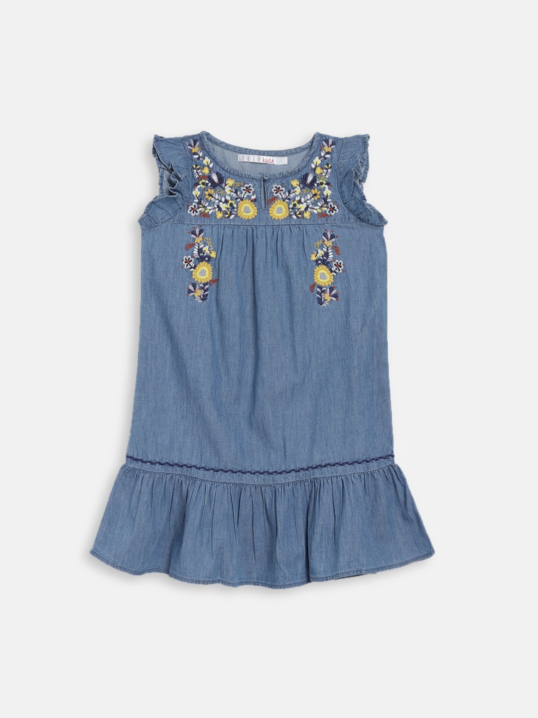

ELLE Girls Blue & Yellow Floral Embroidered Cotton A-Line Dress