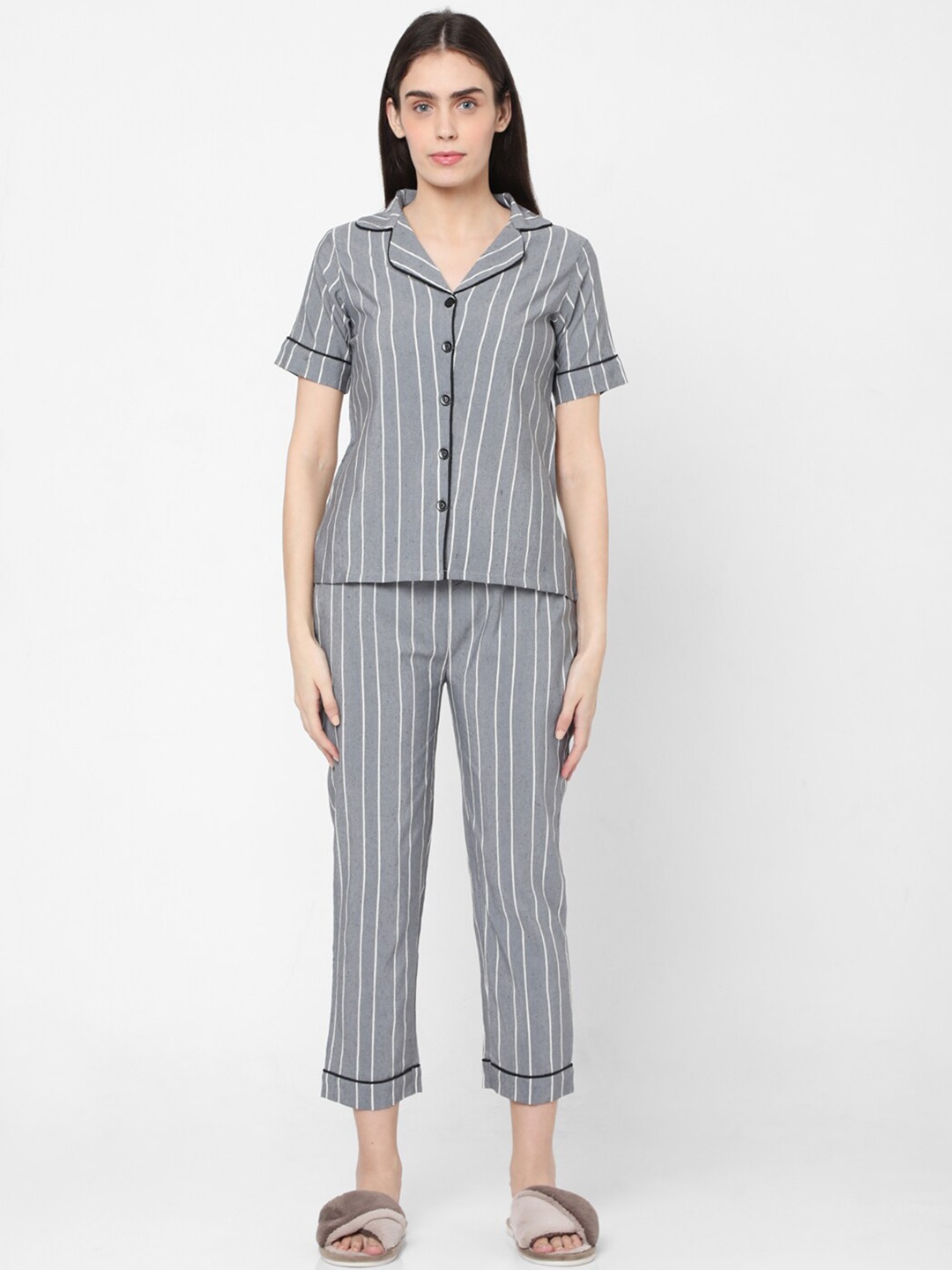 

Smarty Pants Women Grey & White Striped Cotton Night Suit