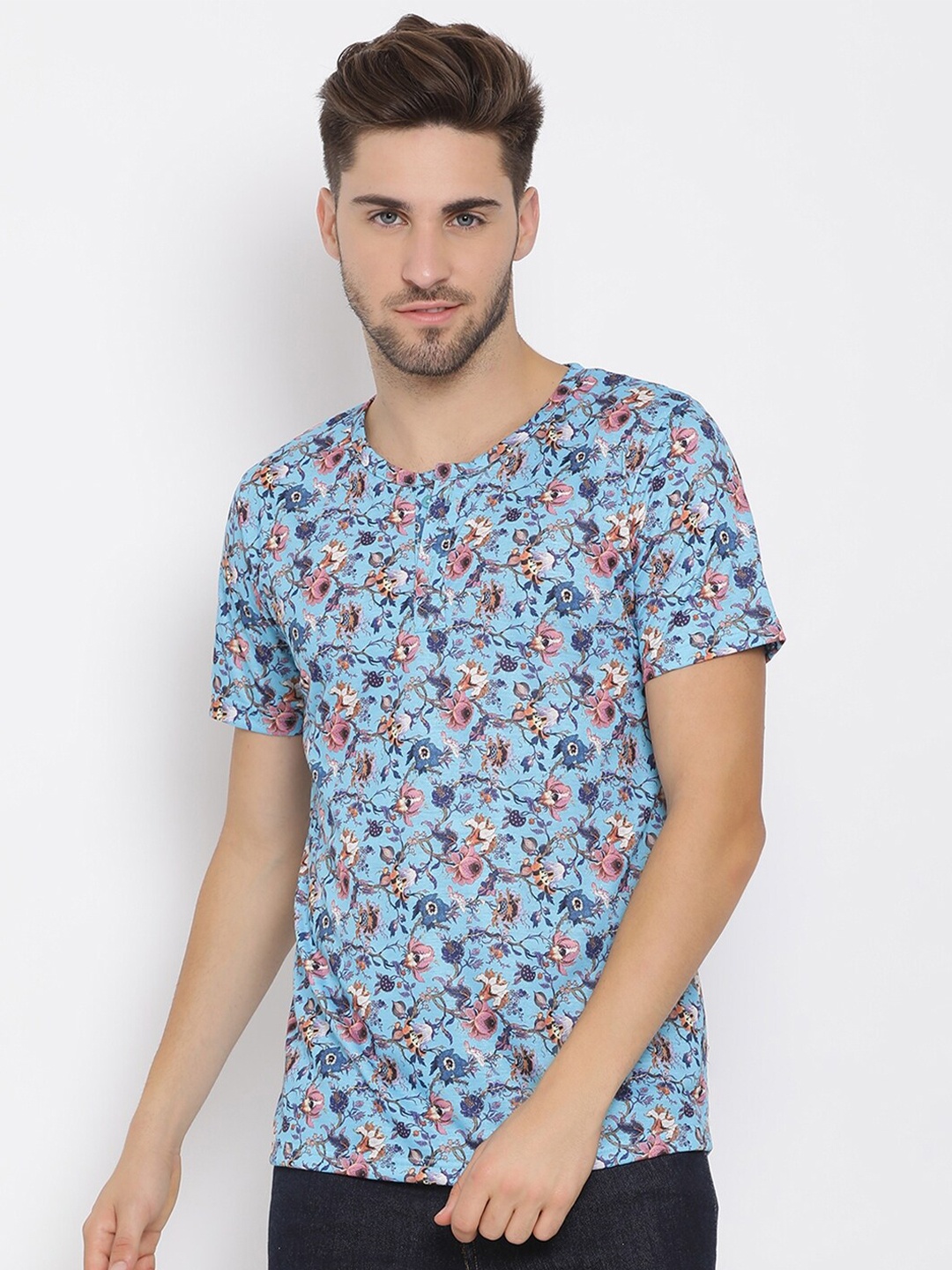 

hangup trend Men Blue Printed Henley Neck Pure Cotton T-shirt