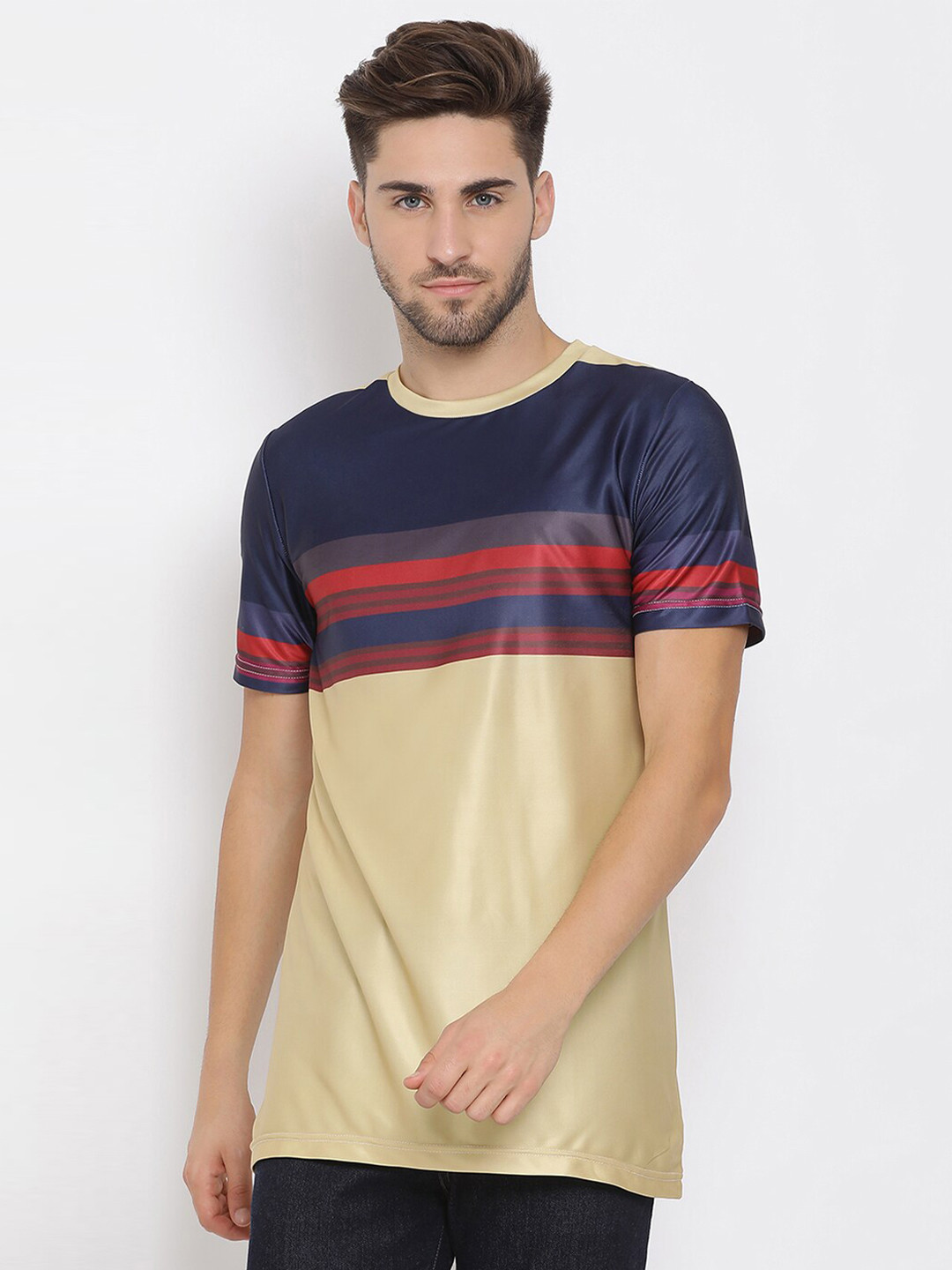 

hangup trend Men Beige Navy Blue Colourblocked Round Neck Pure Cotton T-shirt
