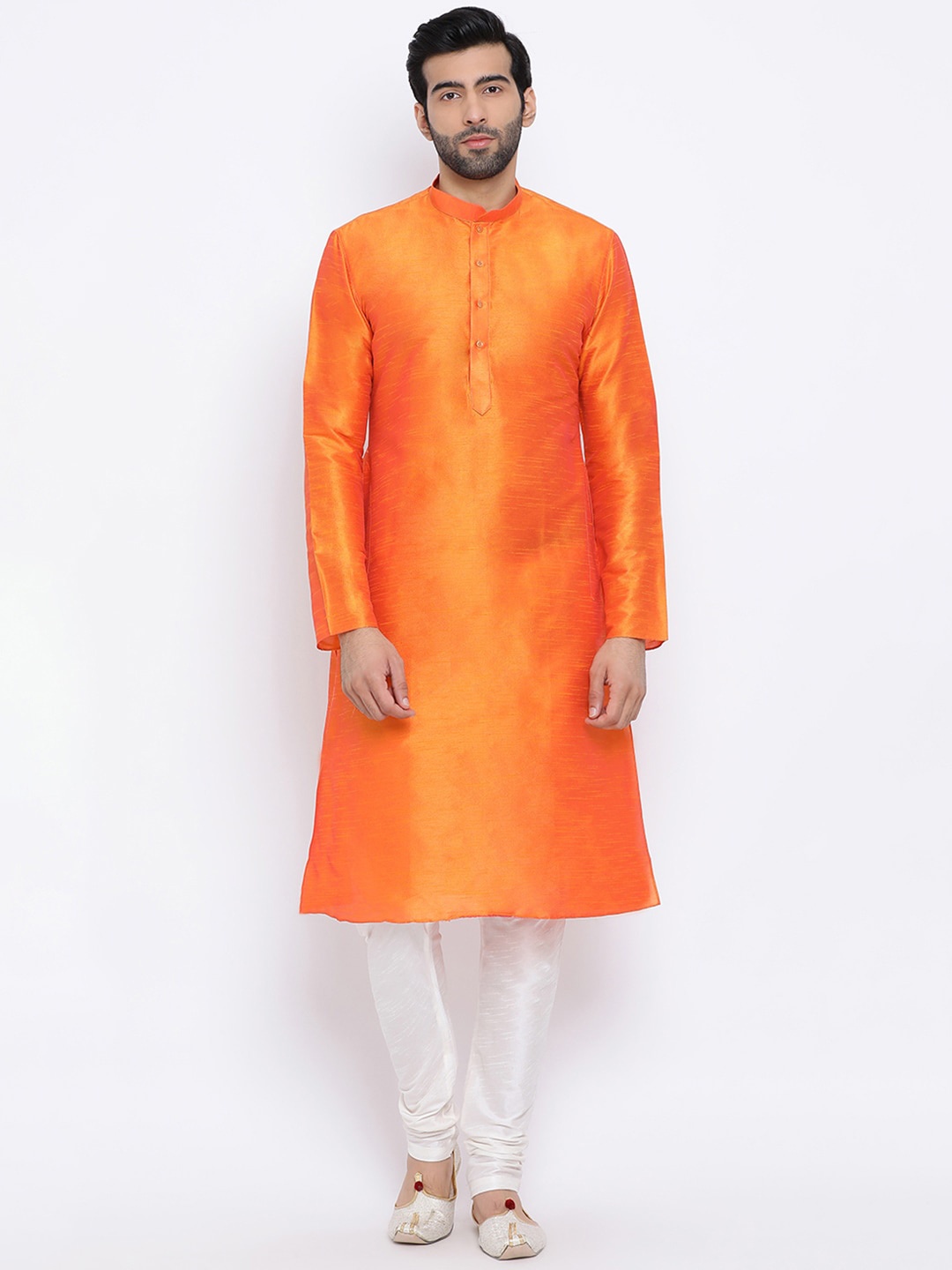 

NAMASKAR Men Orange Solid Dupion Silk Kurta with Churidar