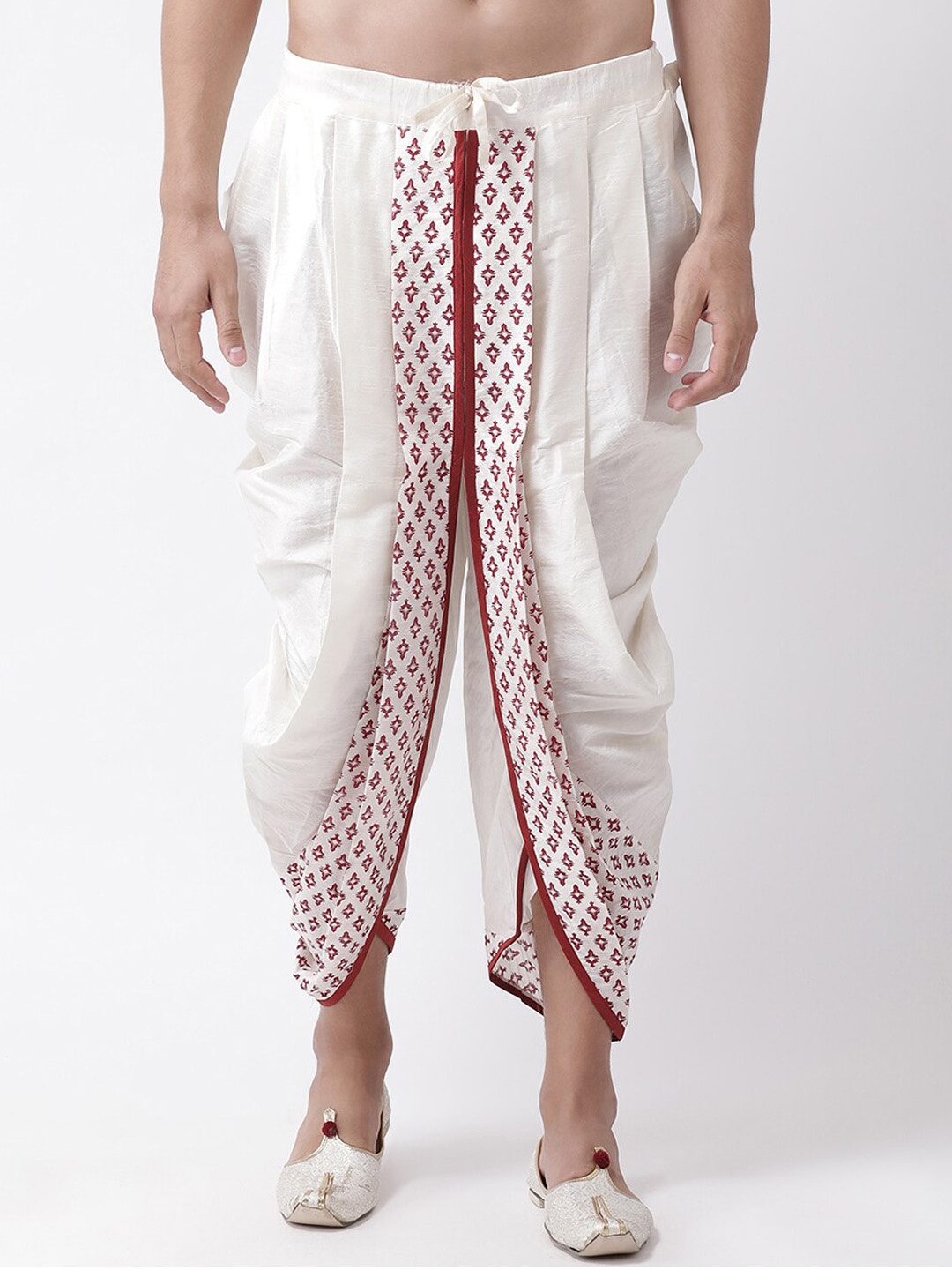

DEYANN Men Off-White & Red Printed Dupion Silk Dhotis