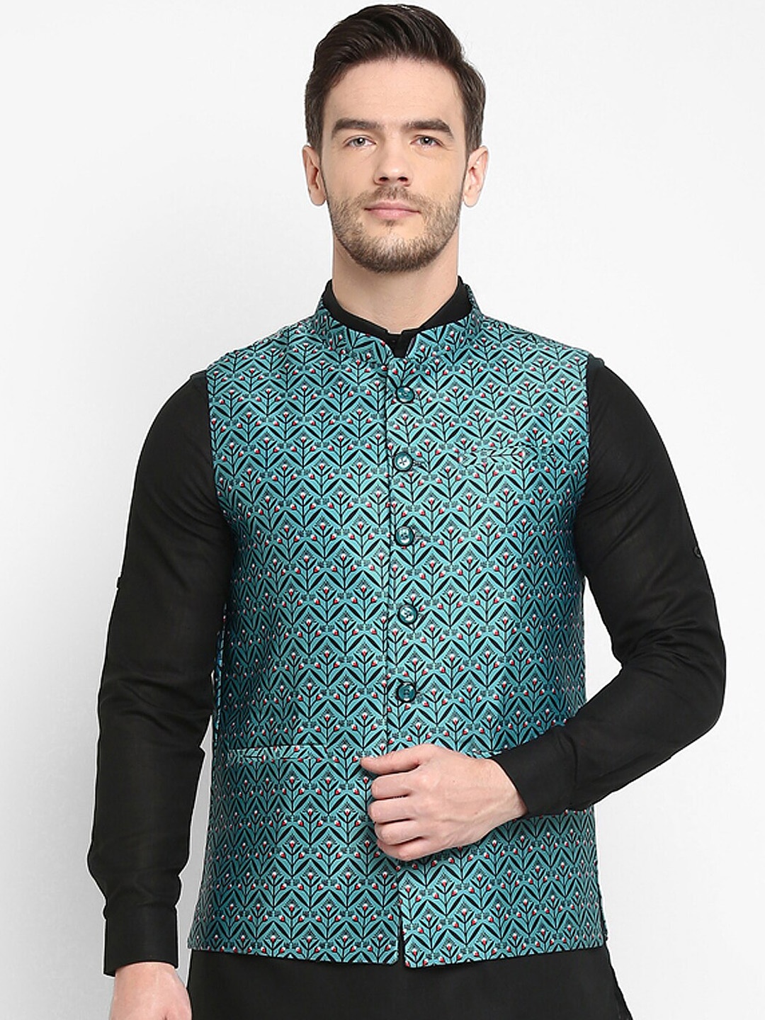 hangup trend Men Green & Black Printed Woven Nehru Jacket