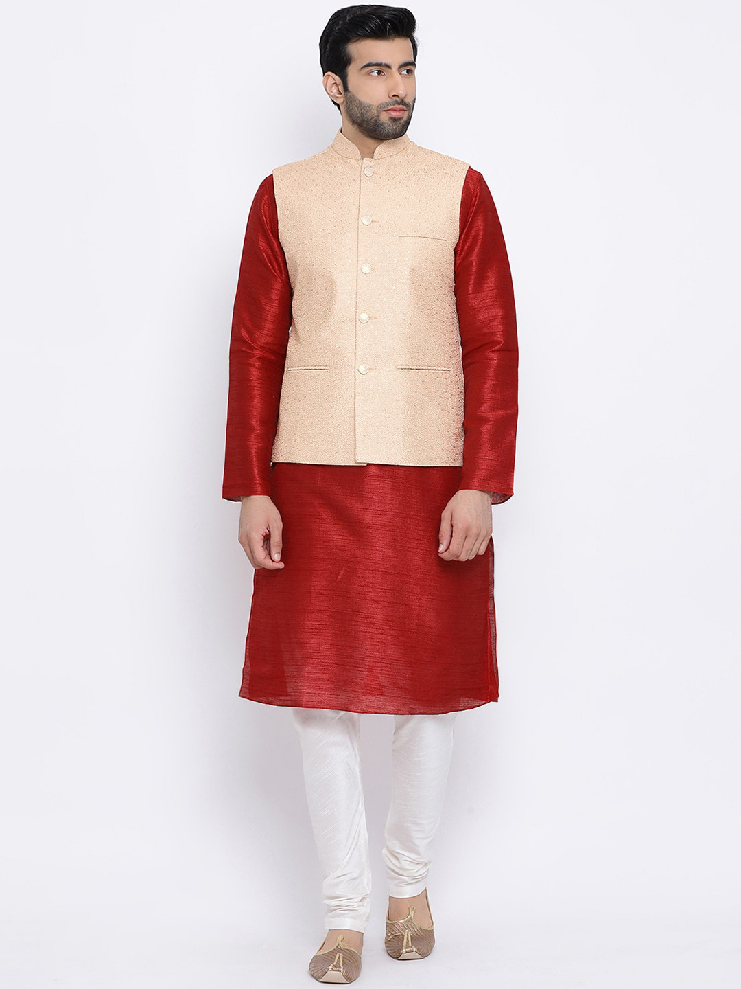 

NAMASKAR Men Maroon & Off-White Solid Kurta with Churidar & Nehru Jacket